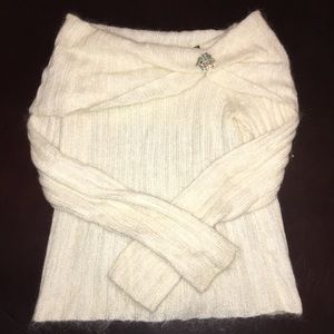 Off The Shoulder Cowl Sweater with Brooch